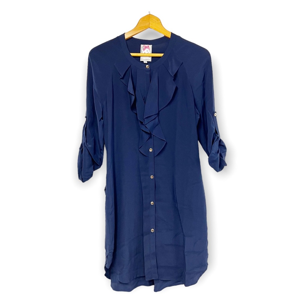 Yona Baraschi Anthro Navy Blue Roll Tab Sleeve Silk Tunic Dress SZ M